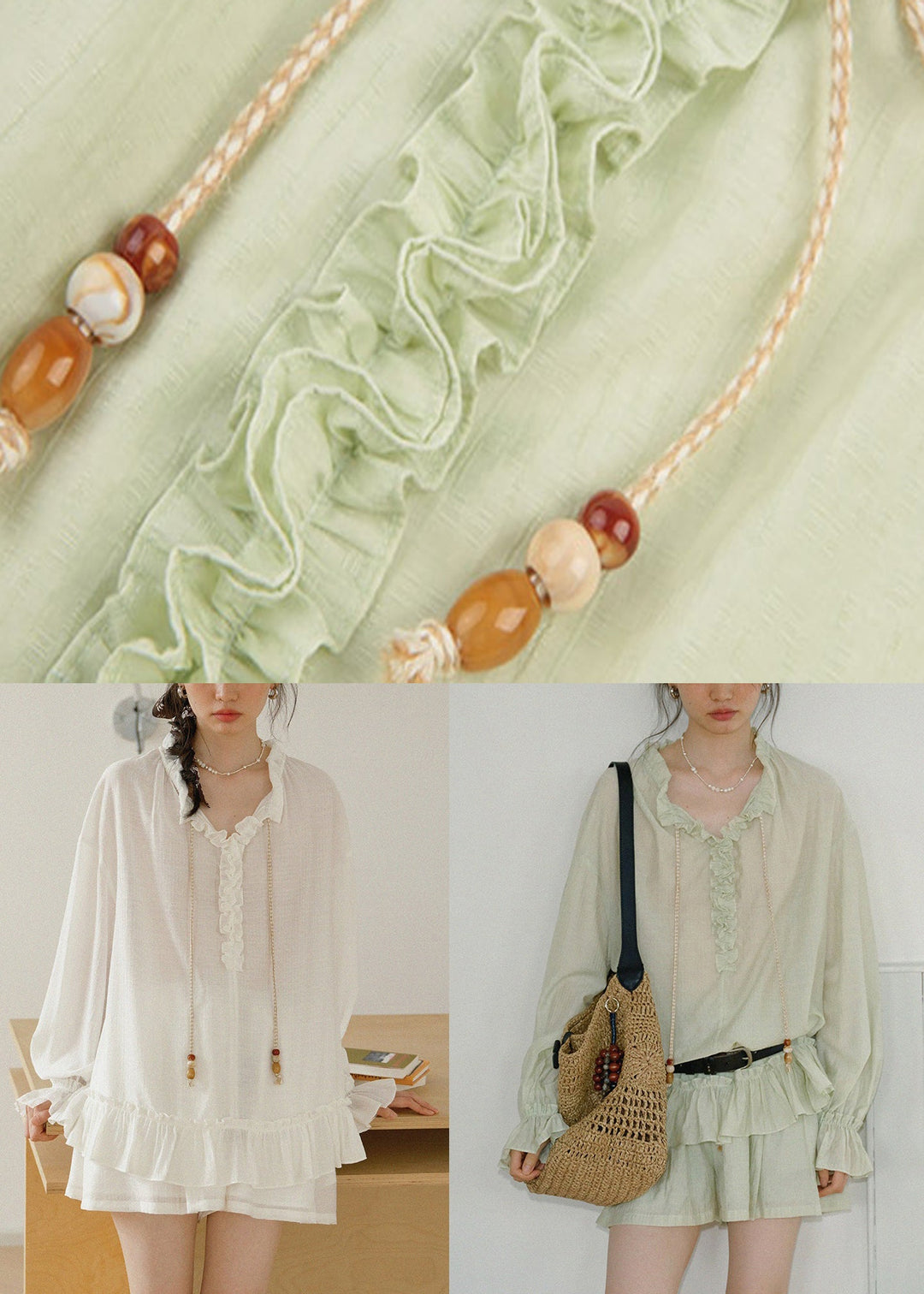 Loose White Ruffled Lace UpCotton Two Pieces Set Butterfly Sleeve