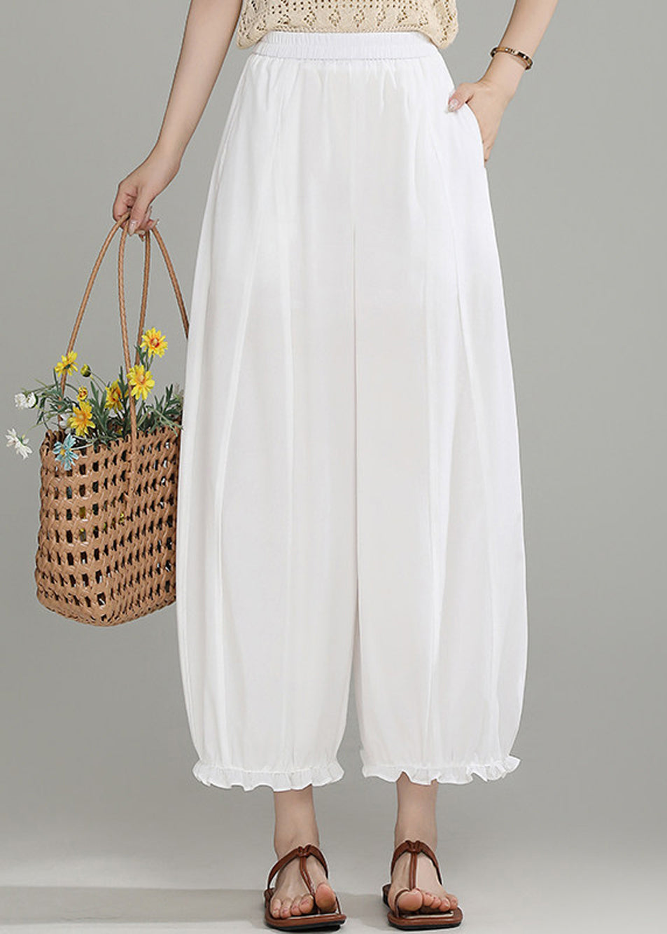 Loose White Ruffled Pockets Elastic Waist Lantern Crop Pants Summer