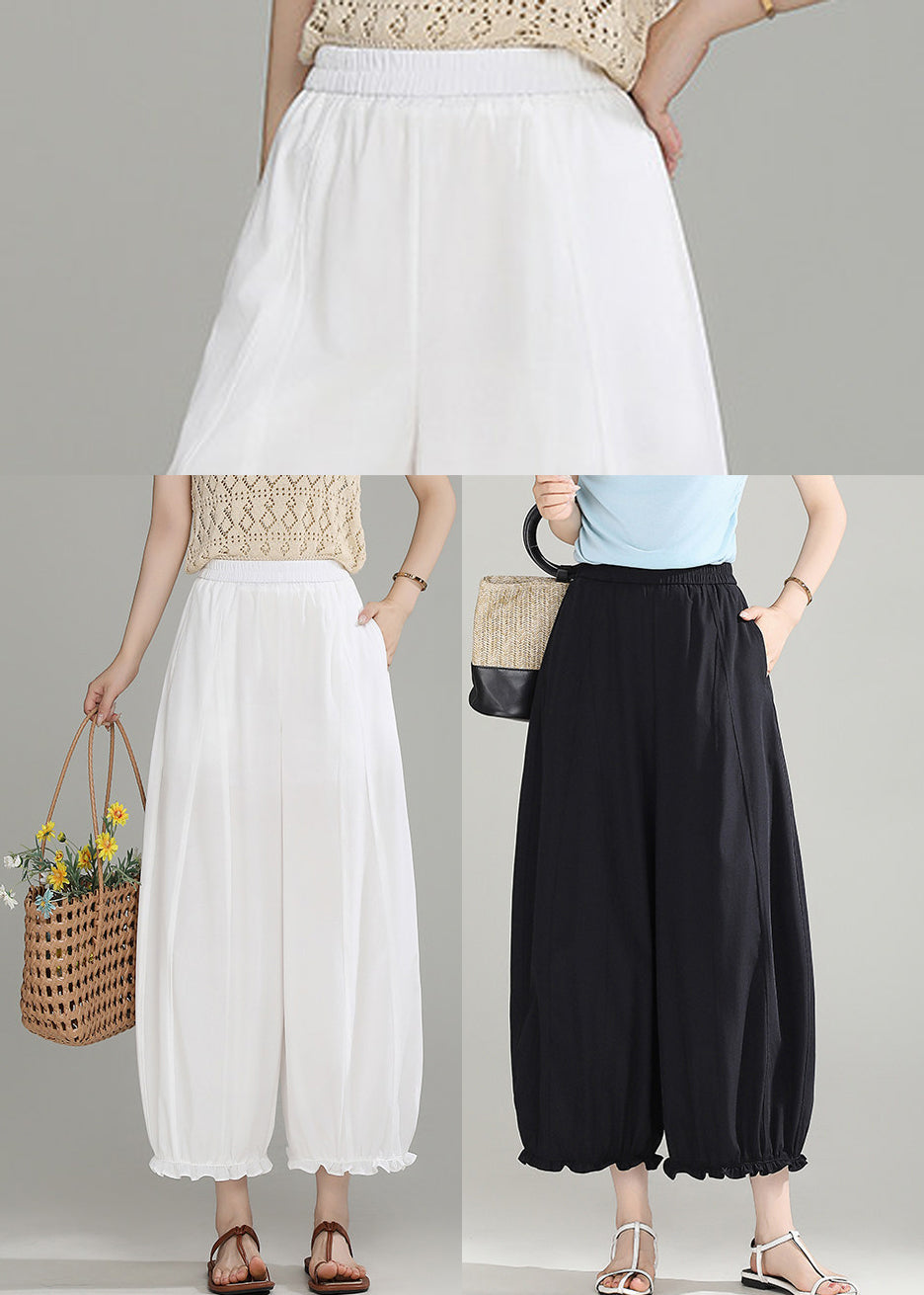 Loose White Ruffled Pockets Elastic Waist Lantern Crop Pants Summer