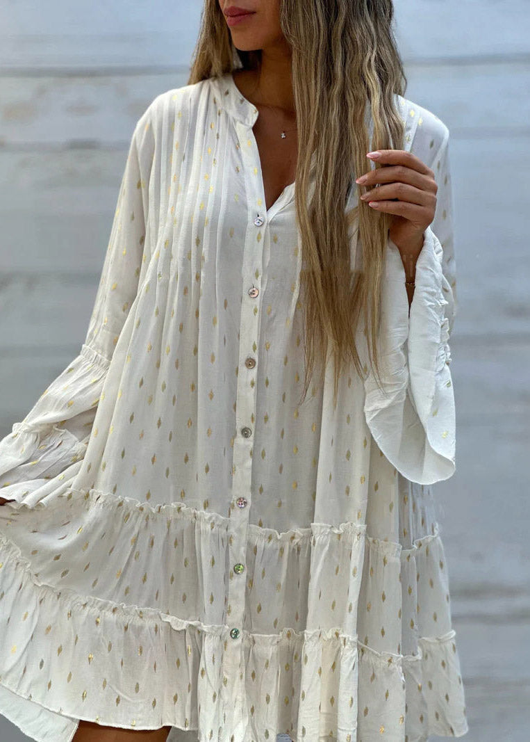 Loose White Ruffled Print Button Mid Dress Fall