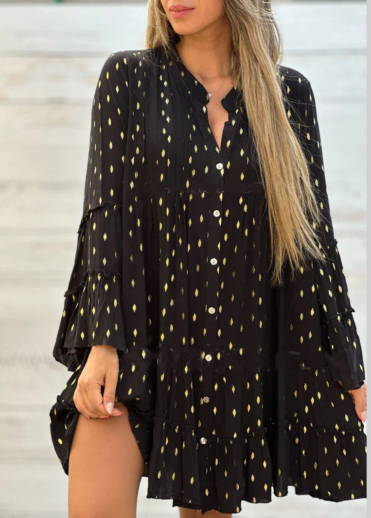 Loose White Ruffled Print Button Mid Dress Fall