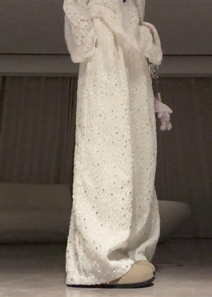 Loose White Sequins Cotton Wide Leg Pants Trousers Spring - Omychic