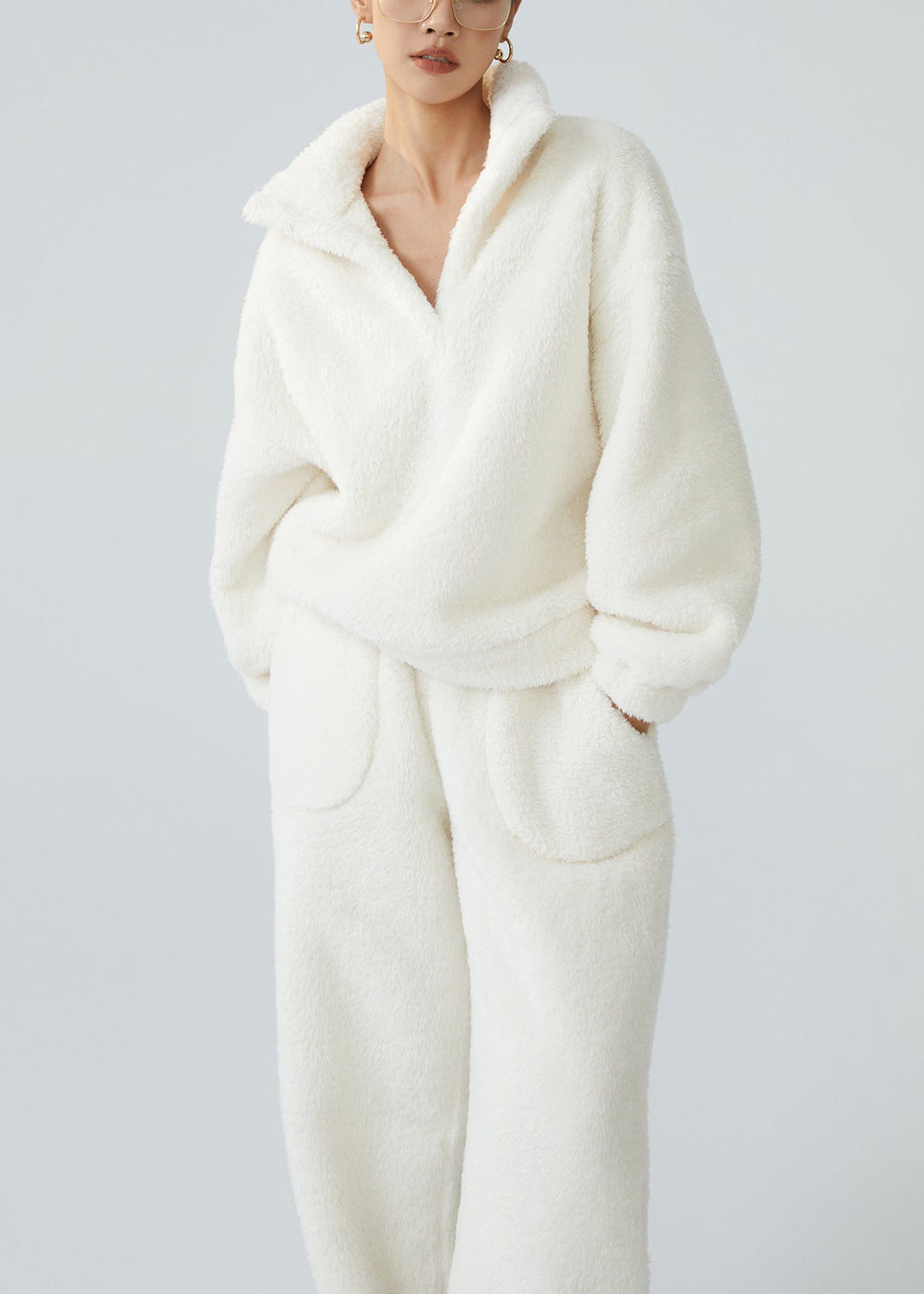 Loose White Stand Collar Pockets Fluffy Pajamas Two Pieces Set Winter