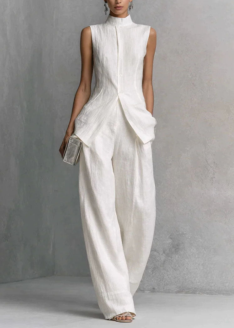 Loose White Top And Pants Cotton Two Piece Set Sleeveless