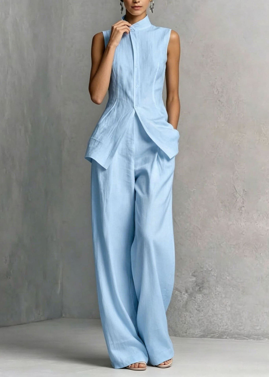 Loose White Top And Pants Cotton Two Piece Set Sleeveless