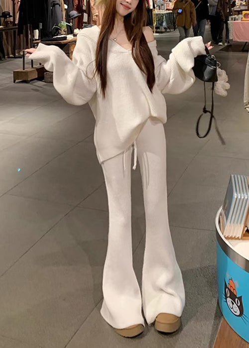 Loose White V Neck Cozy Elastic Waist Knit Two Pieces Set Fall