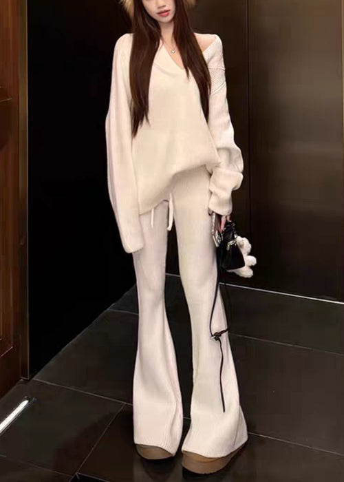 Loose White V Neck Cozy Elastic Waist Knit Two Pieces Set Fall