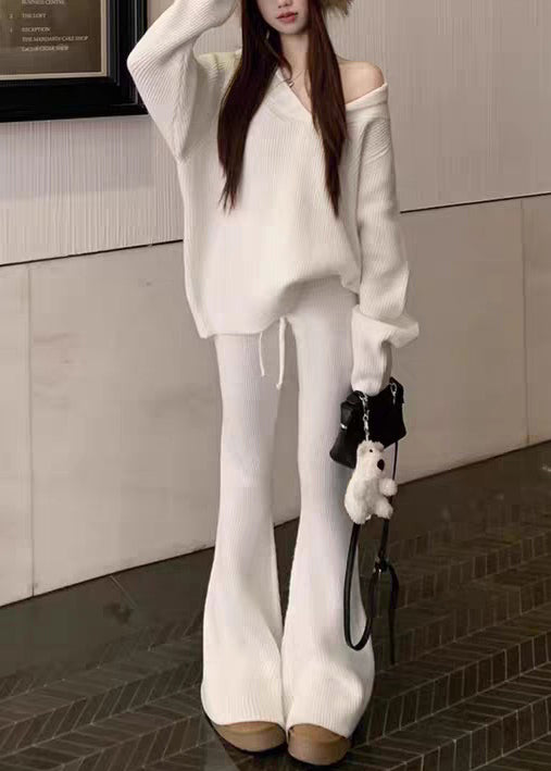 Loose White V Neck Cozy Elastic Waist Knit Two Pieces Set Fall