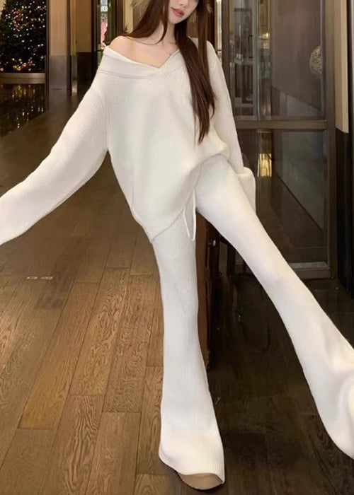 Loose White V Neck Cozy Elastic Waist Knit Two Pieces Set Fall