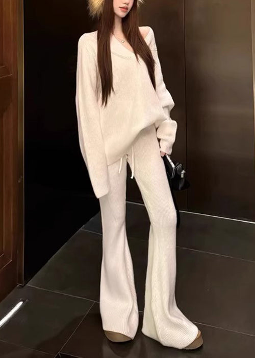 Loose White V Neck Cozy Elastic Waist Knit Two Pieces Set Fall