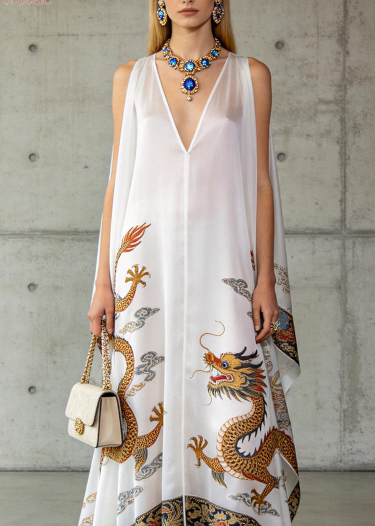 Loose White V Neck Oriental Print Chiffon Dresses Sleeveless - Omychic