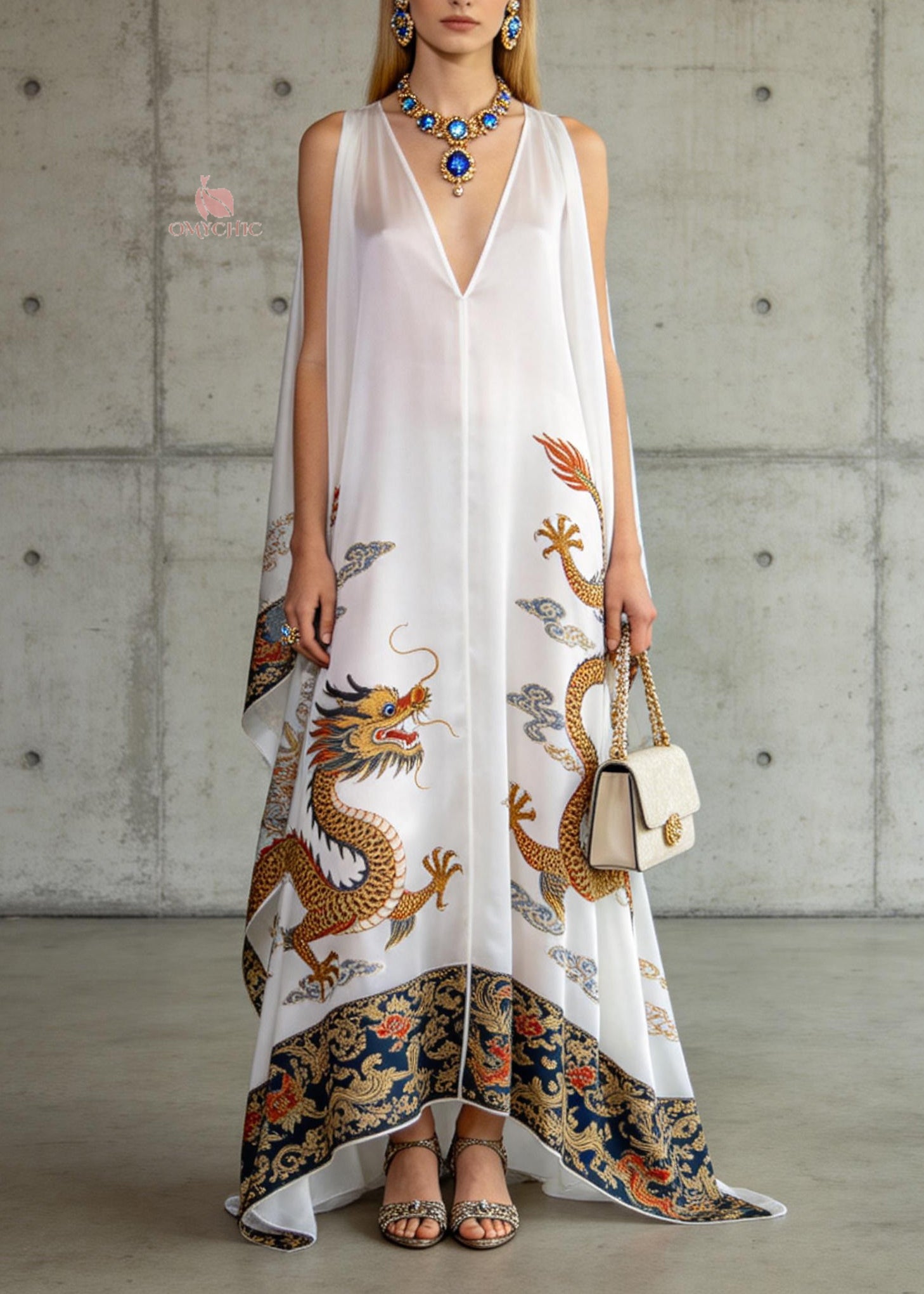 Loose White V Neck Oriental Print Chiffon Dresses Sleeveless - Omychic