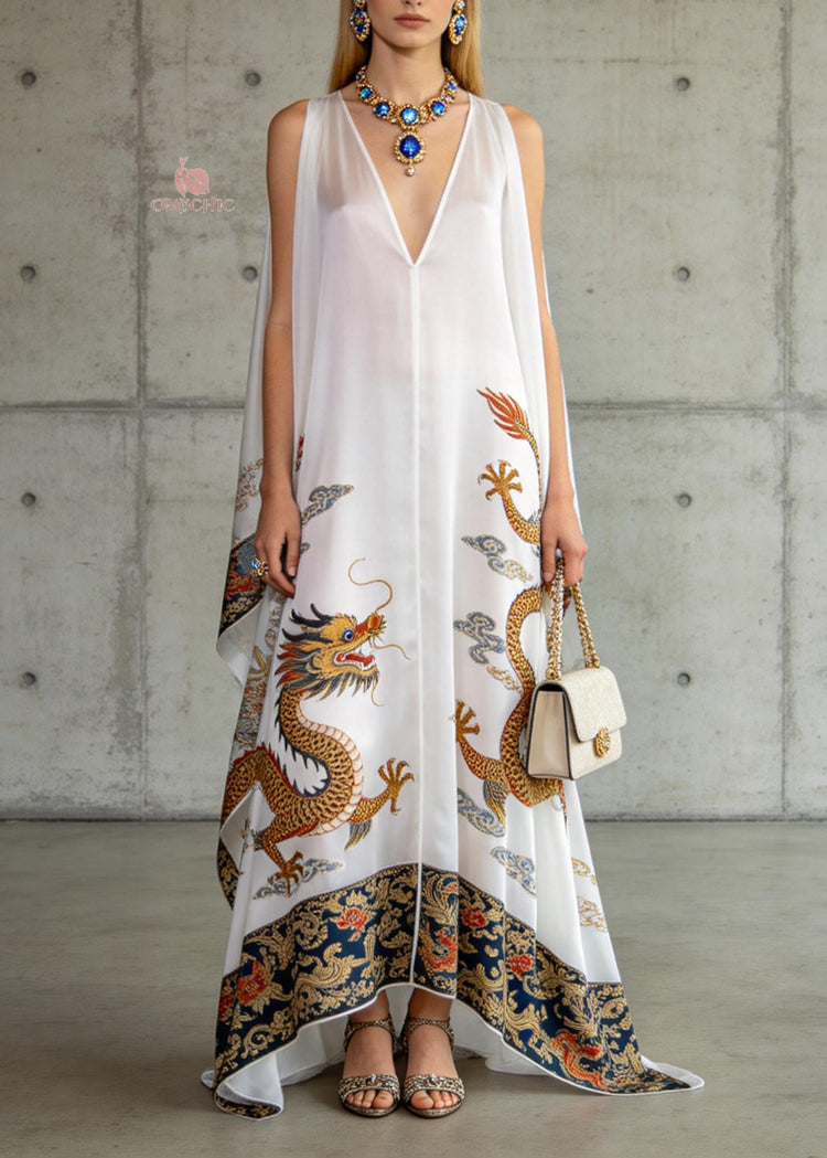 Loose White V Neck Oriental Print Chiffon Dresses Sleeveless - Omychic
