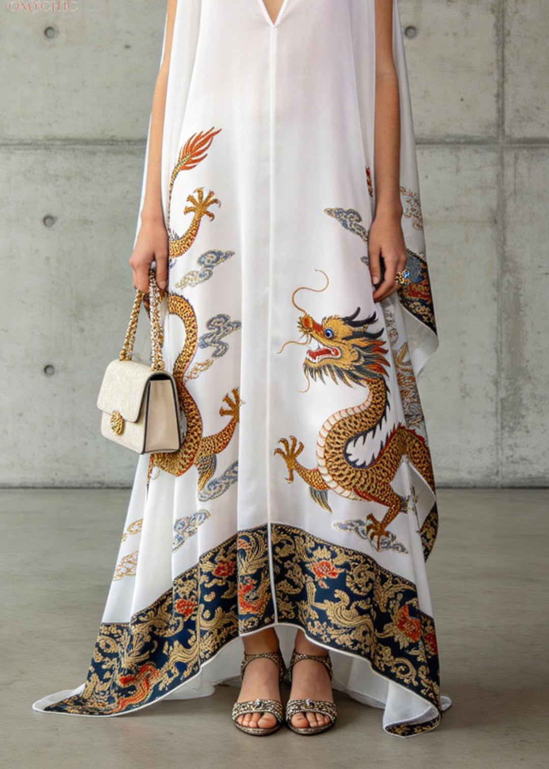 Loose White V Neck Oriental Print Chiffon Dresses Sleeveless - Omychic