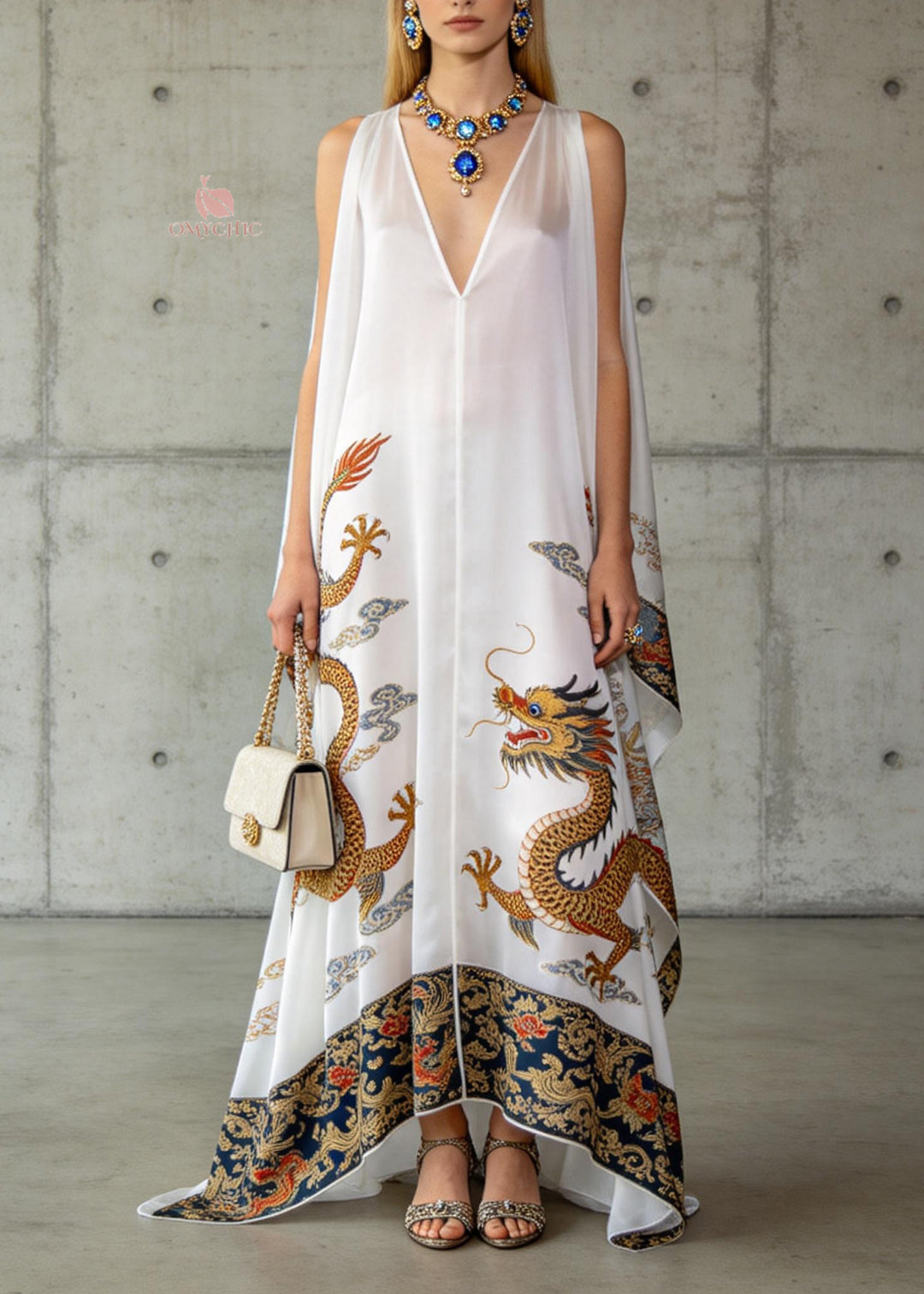 Loose White V Neck Oriental Print Chiffon Dresses Sleeveless - Omychic