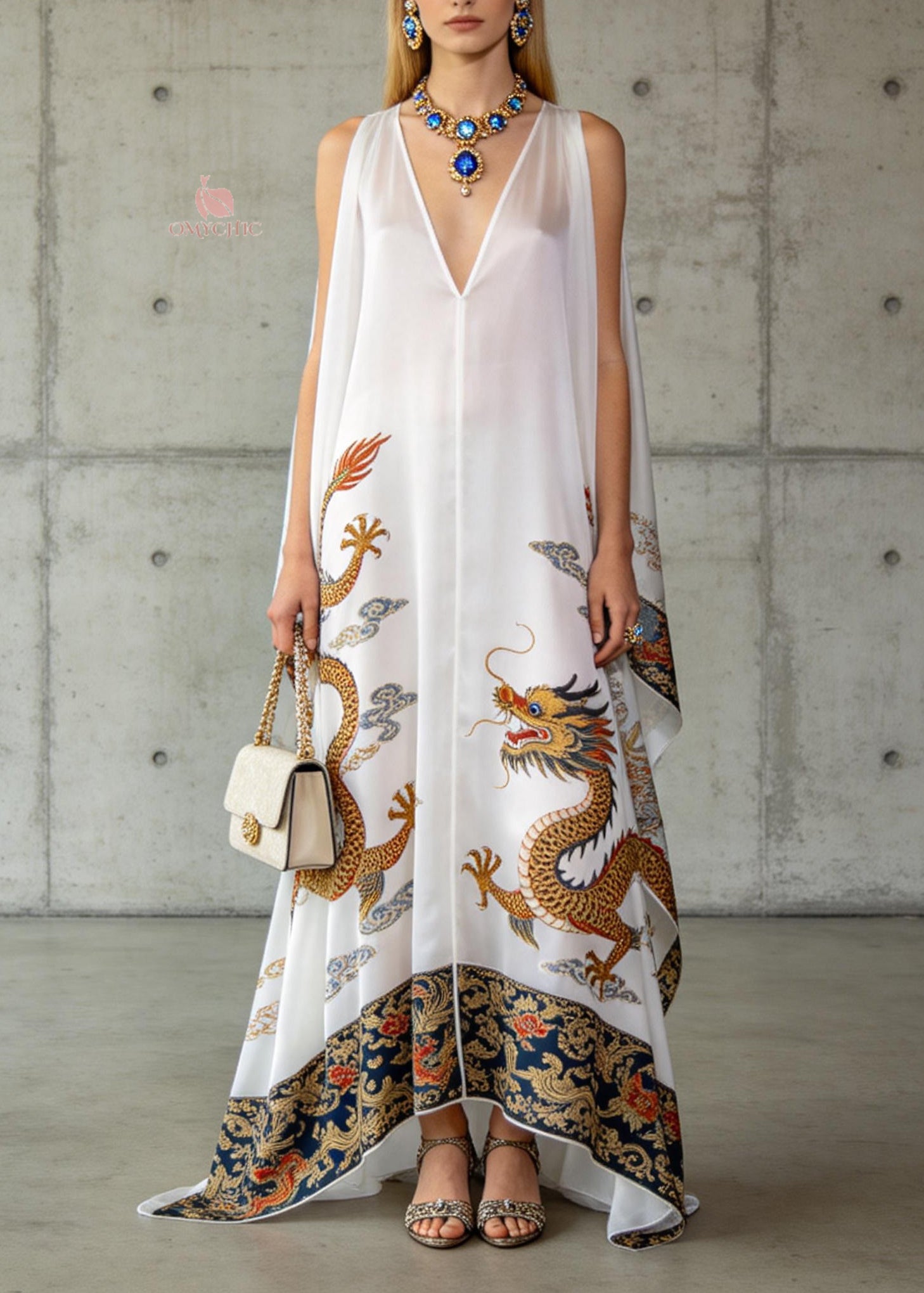 Loose White V Neck Oriental Print Chiffon Dresses Sleeveless - Omychic