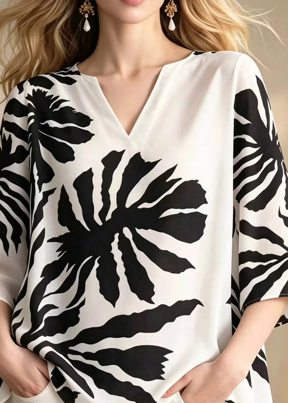 Loose White V Neck Print Chiffon Shirt Top Summer