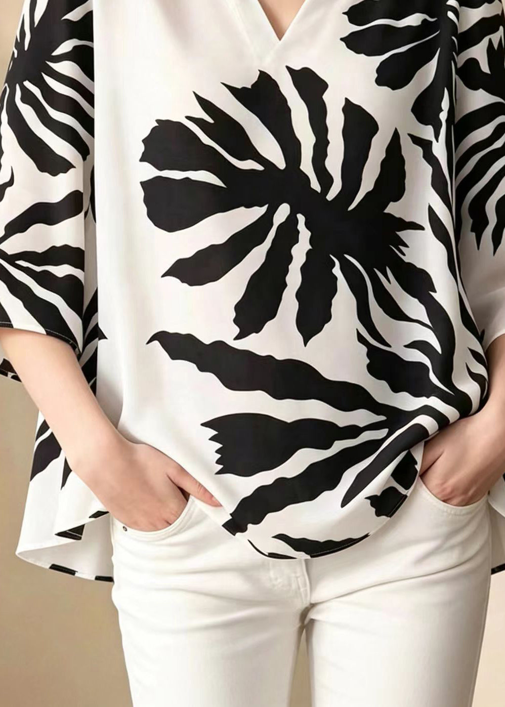 Loose White V Neck Print Chiffon Shirt Top Summer