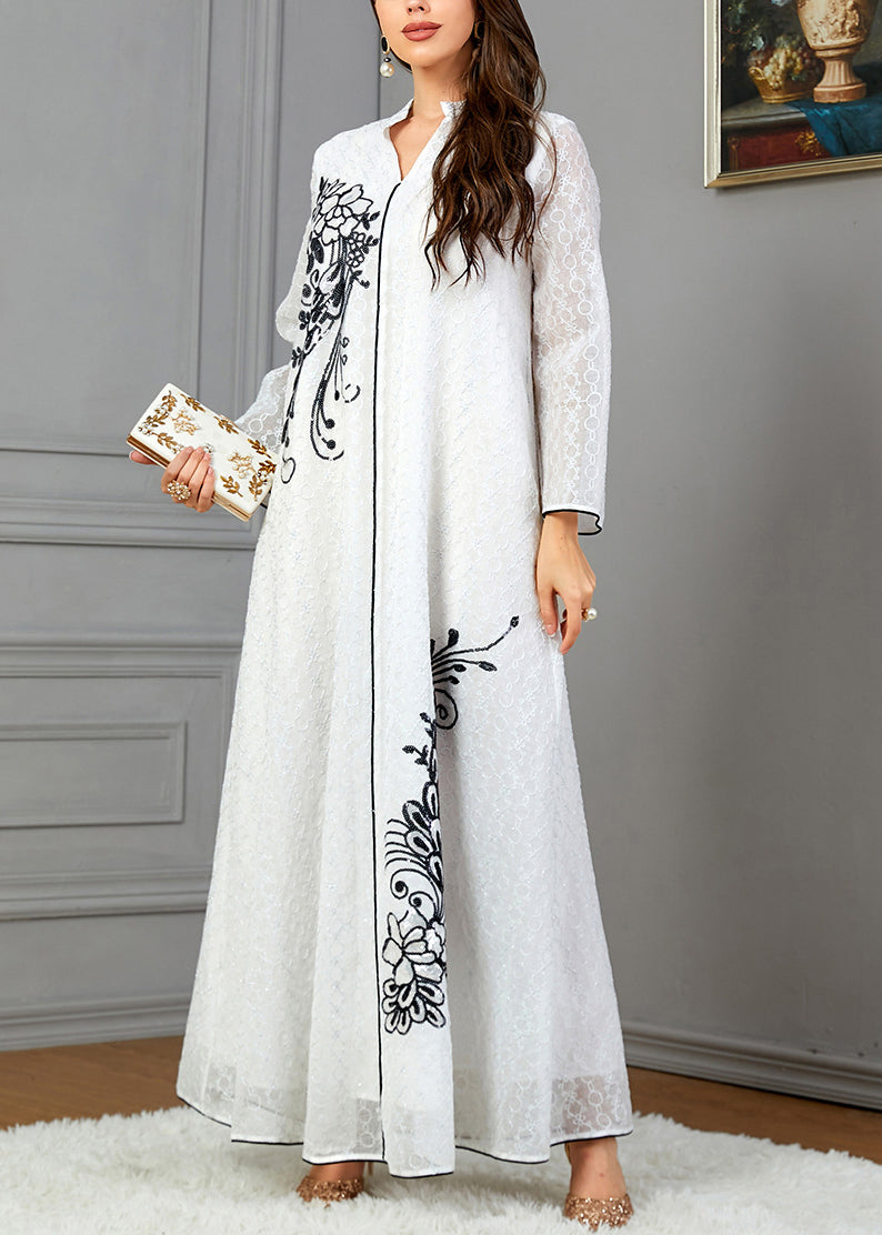 Loose White V Neck Print Cotton Dresses Long Sleeve