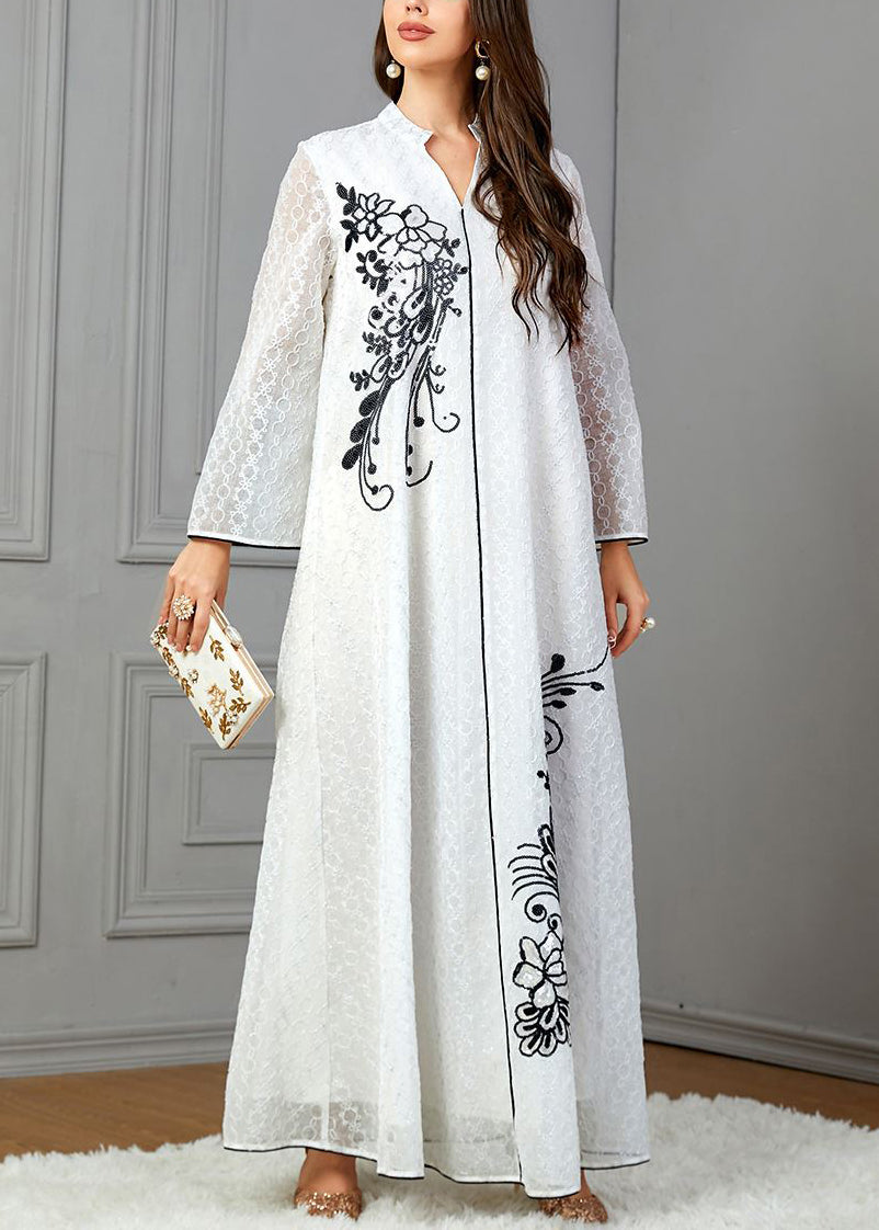 Loose White V Neck Print Cotton Dresses Long Sleeve