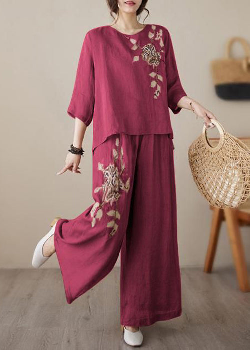 Loose Wine Red Embroidered Elastic Waist Linen Two Piece Set Bracelet Sleeve