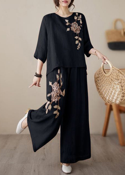 Loose Wine Red Embroidered Elastic Waist Linen Two Piece Set Bracelet Sleeve