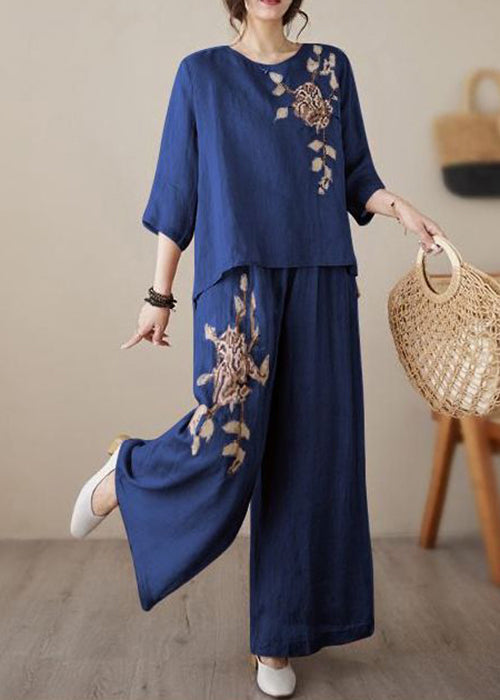 Loose Wine Red Embroidered Elastic Waist Linen Two Piece Set Bracelet Sleeve