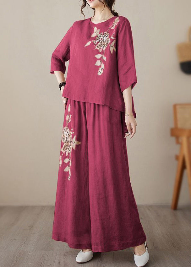 Loose Wine Red Embroidered Elastic Waist Linen Two Piece Set Bracelet Sleeve