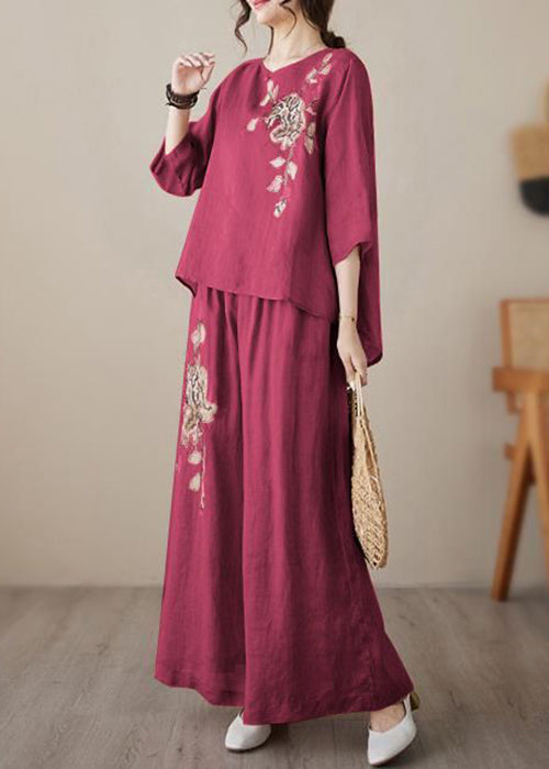 Loose Wine Red Embroidered Elastic Waist Linen Two Piece Set Bracelet Sleeve