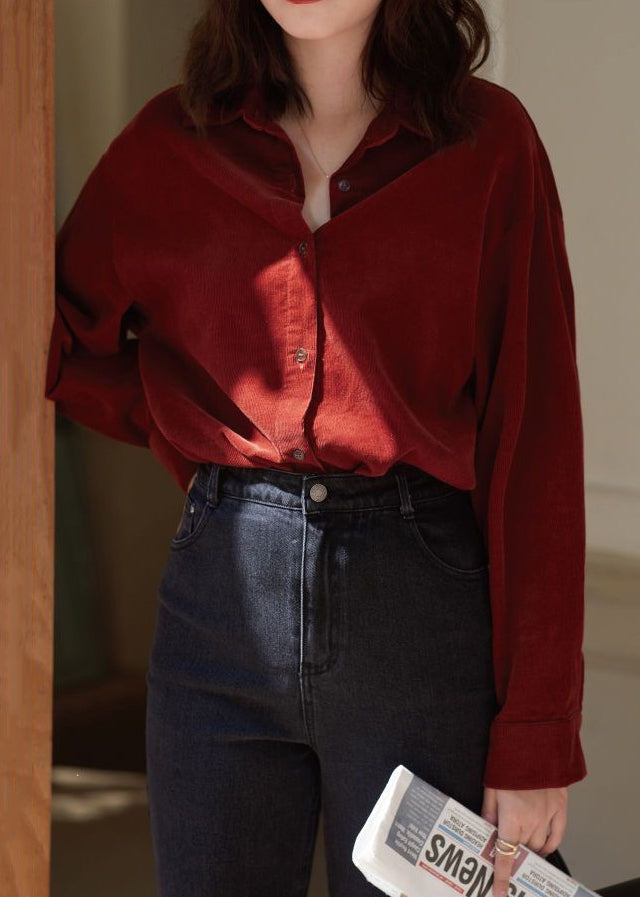 Loose Wine Red Peter Pan Collar Button Corduroy Top Long Sleeve
