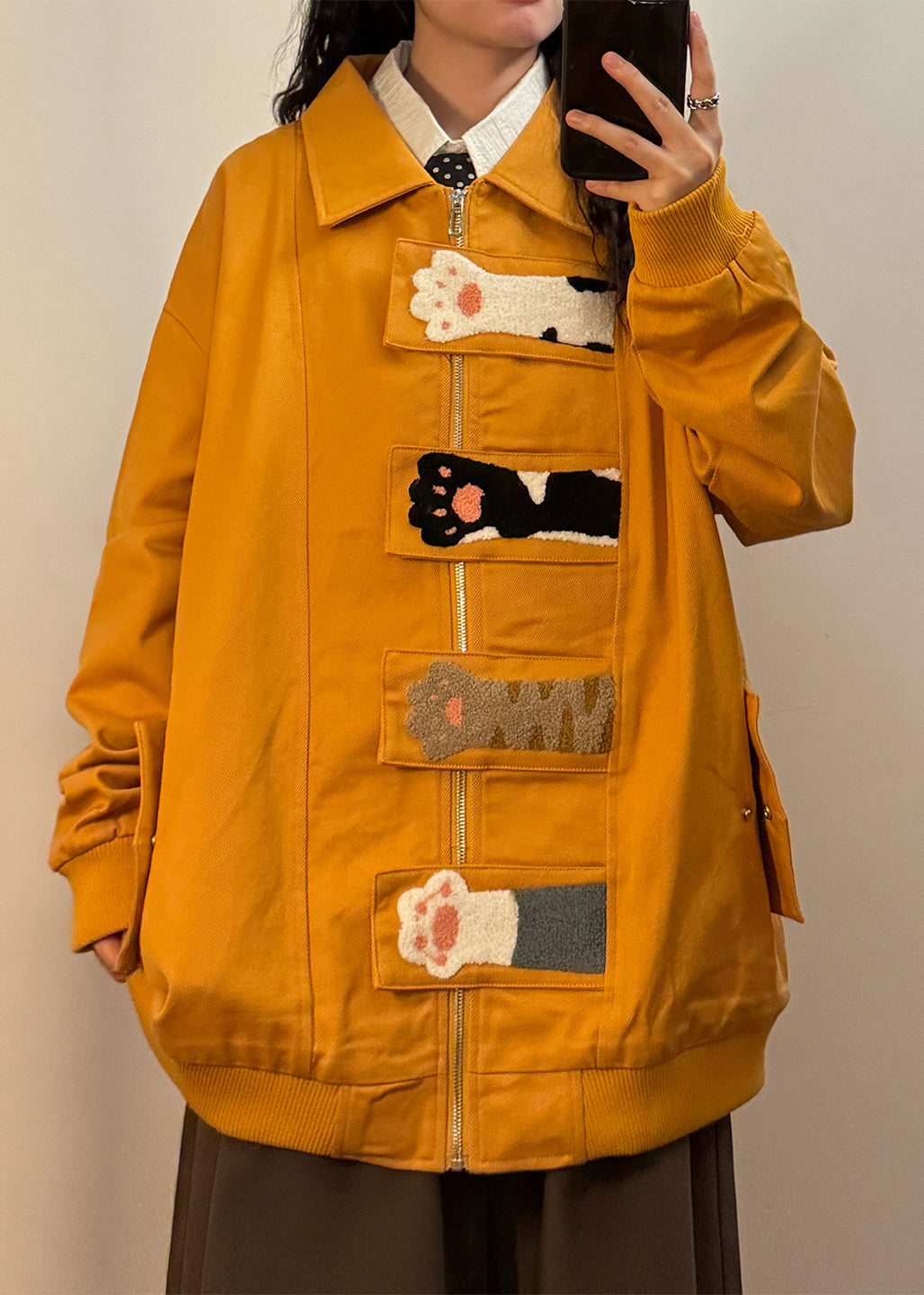 Loose Yellow Cat Paw Zippered Pockets Cotton Coats Spring