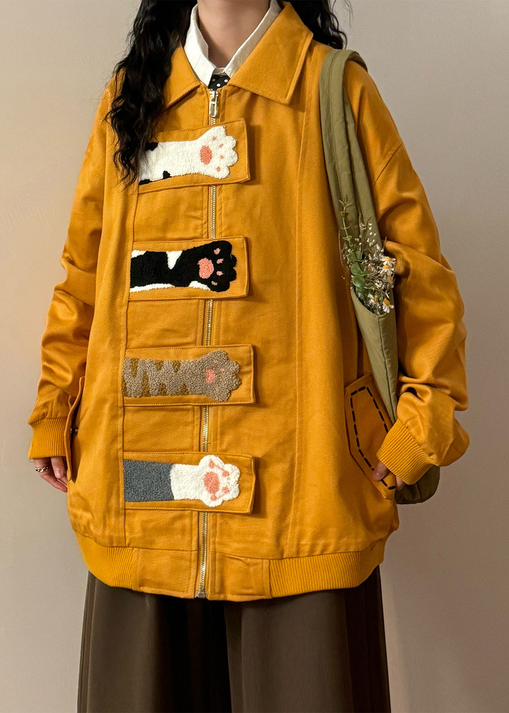 Loose Yellow Cat Paw Zippered Pockets Cotton Coats Spring