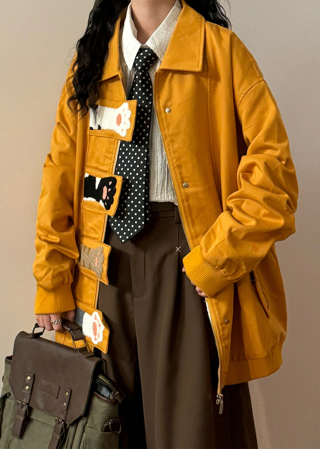 Loose Yellow Cat Paw Zippered Pockets Cotton Coats Spring