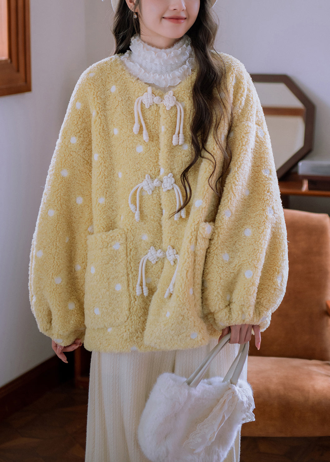 Loose Yellow Chinese Button Pockets Teddy Faux Fur Coats Winter
