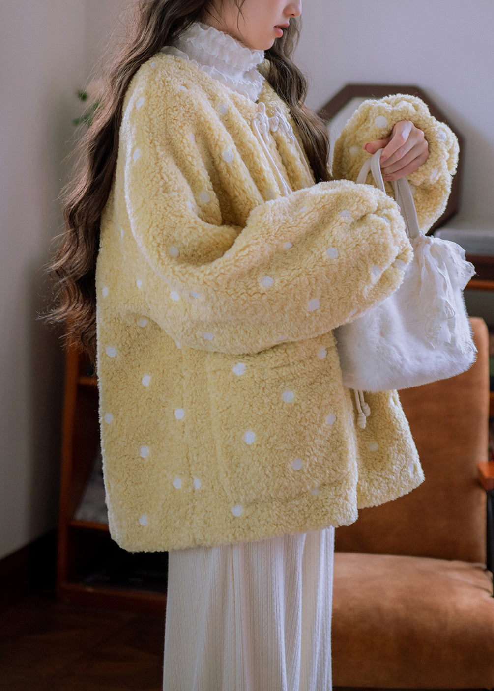 Loose Yellow Chinese Button Pockets Teddy Faux Fur Coats Winter