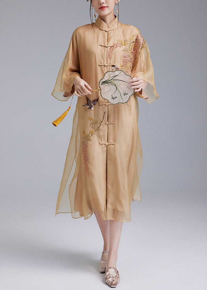 Loose Yellow Embroidered Button Silk Dress Flare Sleeve