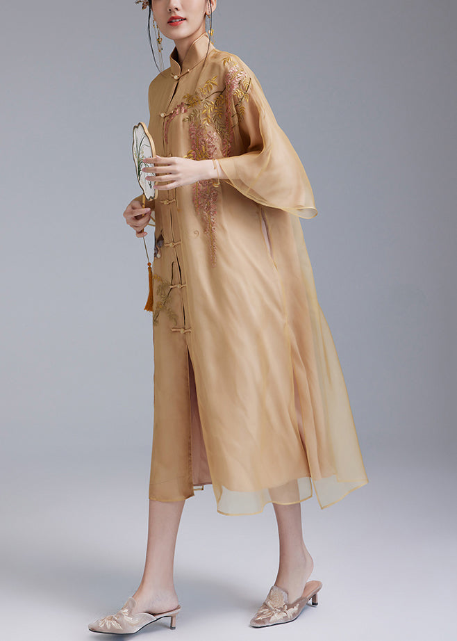 Loose Yellow Embroidered Button Silk Dress Flare Sleeve