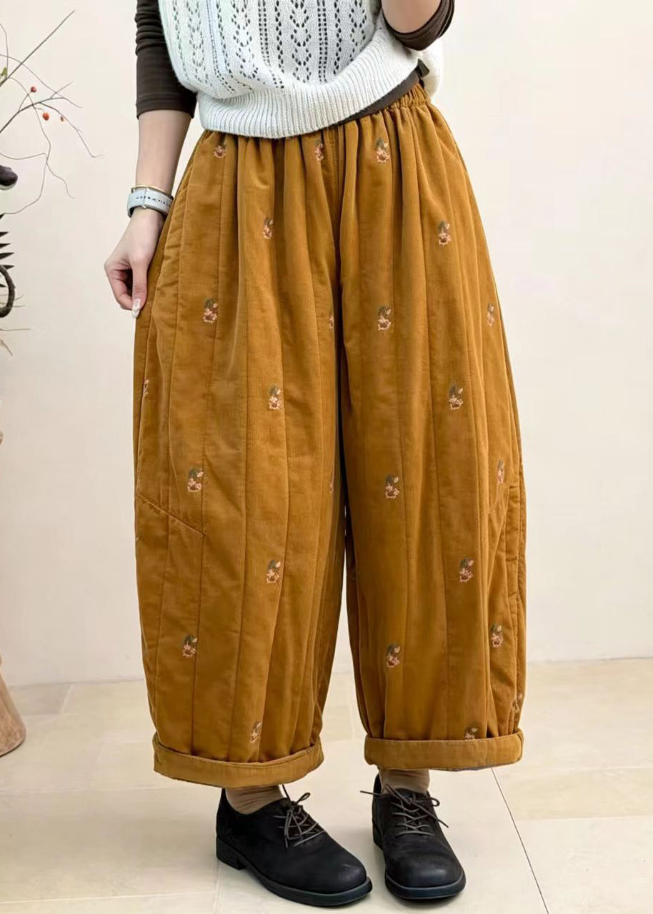Loose Yellow Embroidered Cuffed Corduroy Cotton Filled Crop Pants Fall