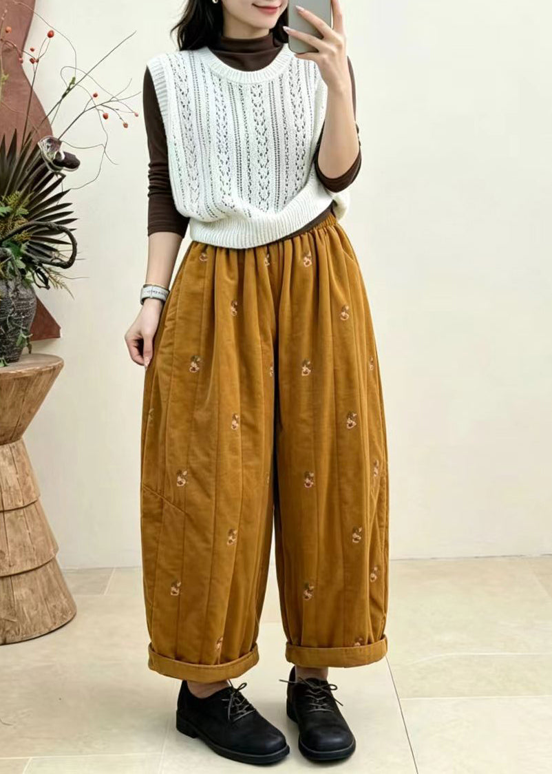 Loose Yellow Embroidered Cuffed Corduroy Cotton Filled Crop Pants Fall