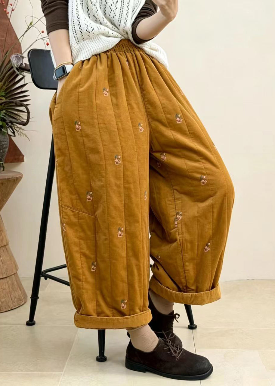 Loose Yellow Embroidered Cuffed Corduroy Cotton Filled Crop Pants Fall