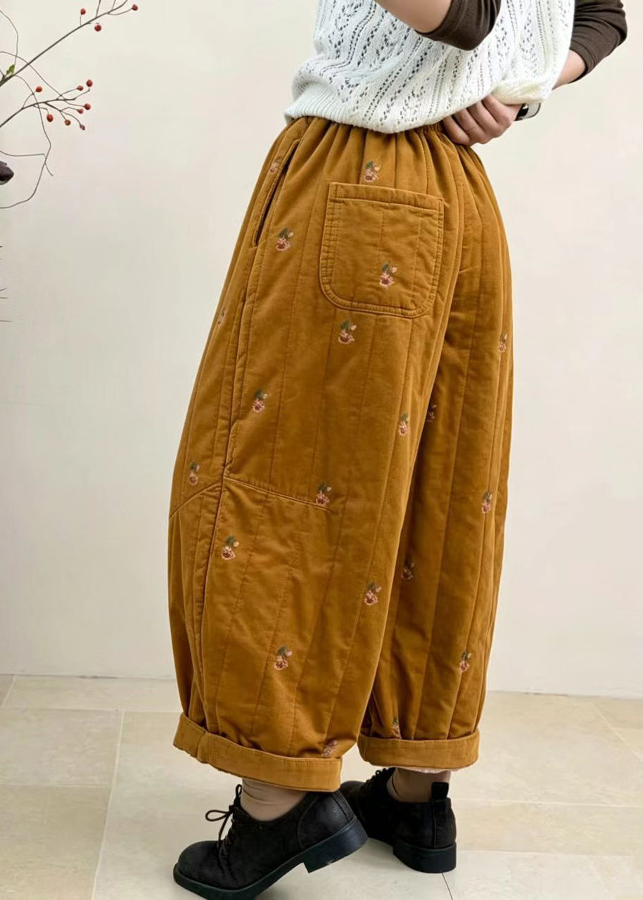 Loose Yellow Embroidered Cuffed Corduroy Cotton Filled Crop Pants Fall