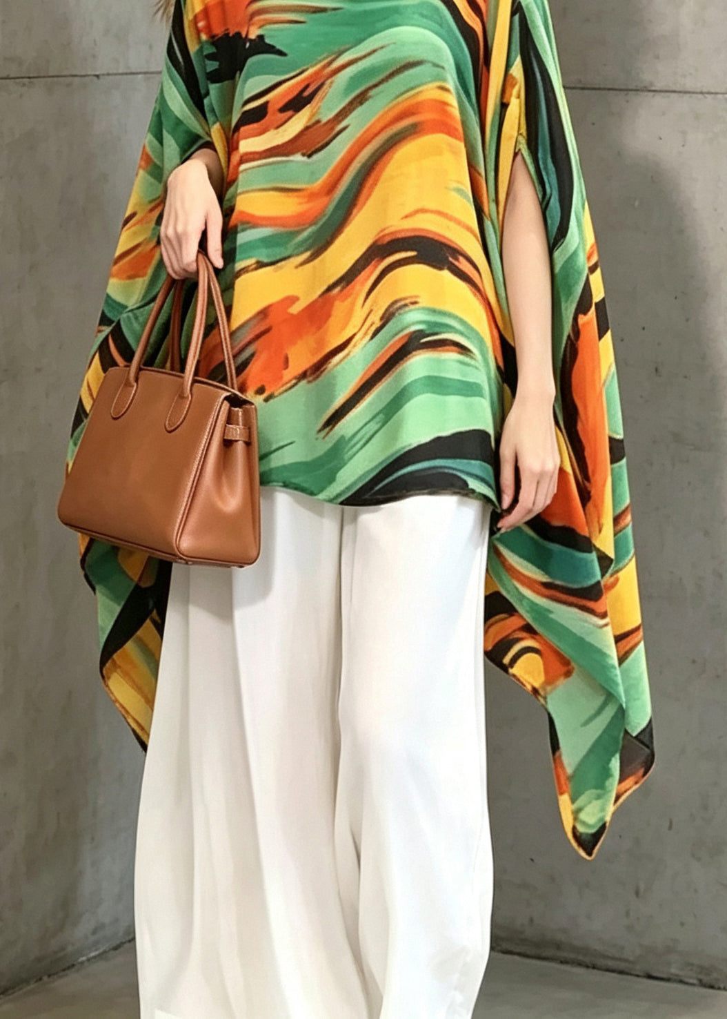 Loose Yellow Green Print Asymmetrical Chiffon Shirt Tops Batwing Sleeve