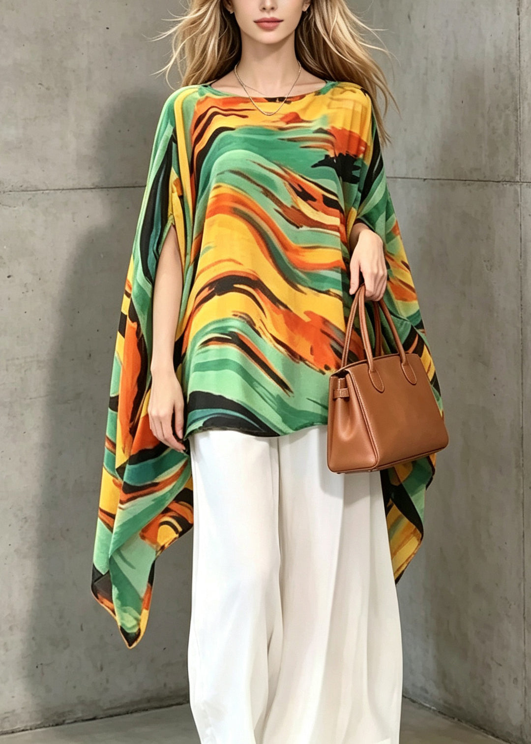 Loose Yellow Green Print Asymmetrical Chiffon Shirt Tops Batwing Sleeve