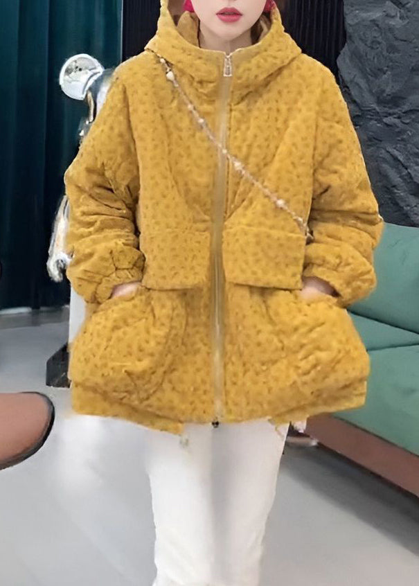 Loose Yellow Hooded Zippered Pockets Cotton Filled Parkas Winter