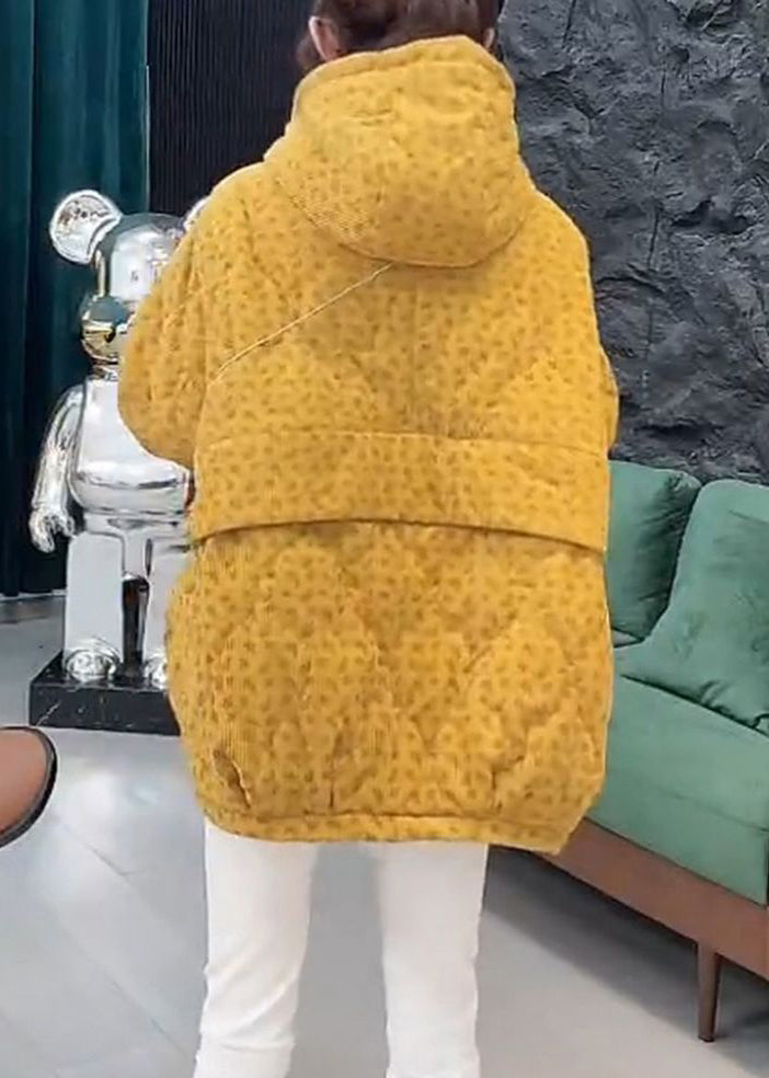 Loose Yellow Hooded Zippered Pockets Cotton Filled Parkas Winter