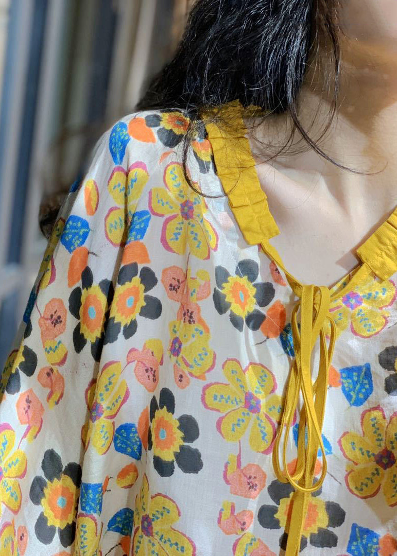 Loose Yellow Lace Up Print Cotton Top Long Sleeve