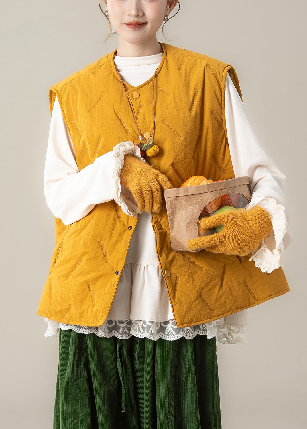Loose Yellow O Neck Button Cotton Filled Waistcoat Winter