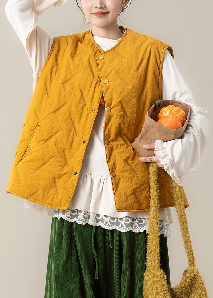 Loose Yellow O Neck Button Cotton Filled Waistcoat Winter