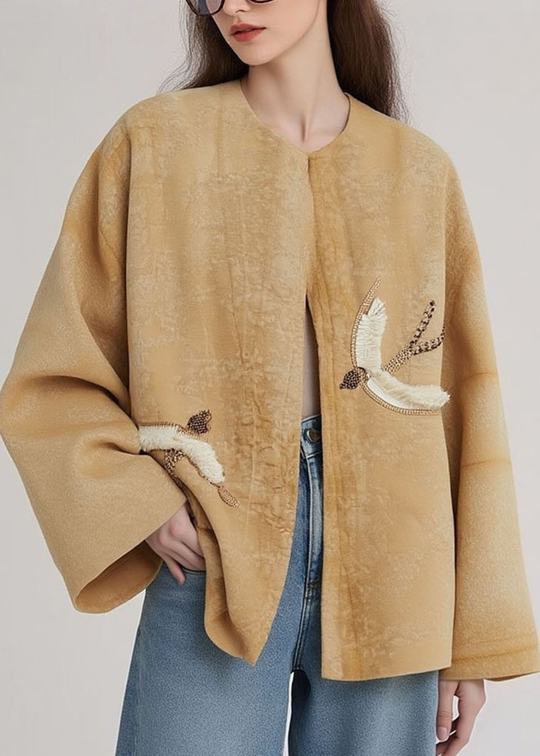 Loose Yellow O Neck Embroidered Cotton Coats Fall