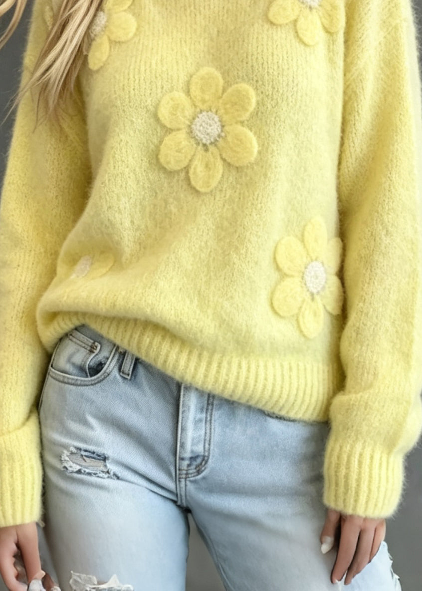 Loose Yellow O Neck Floral Thick Cozy Knit Sweaters Fall